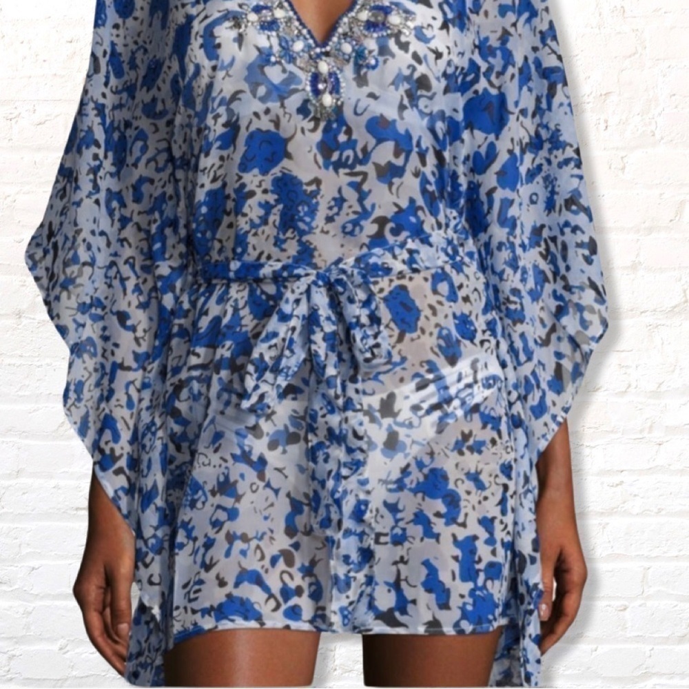 YUMI Kim exotic jungle Swim Cover Tunic kaftan Size M / L Beaded Blue - Picture 7 of 13